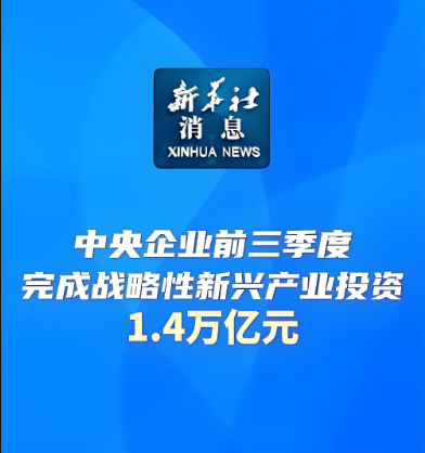 今年前三季度，中央企業(yè)在戰(zhàn)略性新興產業(yè)領域累計完成投資1.4萬億元，同比增長17.6%